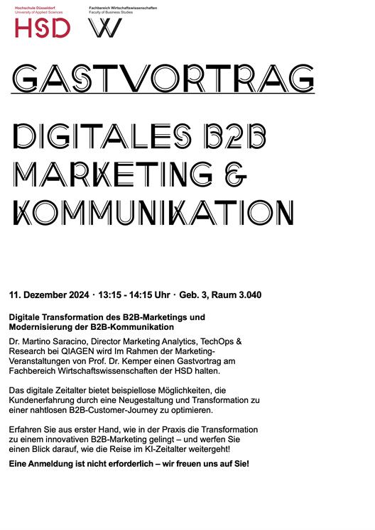Am 11. Dezember 2024 wird Dr. Martino Saracino (Director Marketing Analytics, TechOps & Research bei QIAGEN) im Rahmen der Marketing-Veranstaltungen von Prof. Dr. Kemper einen Gastvortrag am Fachbereich Wirtschaftswissenschaften der HSD halten.